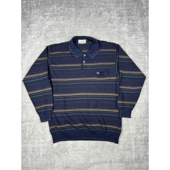 Vtg Arnold Palmer Sweater Mens Large Blue 80s Striped 3D Knit Grandpa Polo Golf - Picture 1 of 10